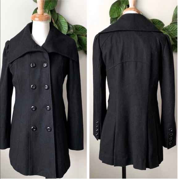 Guess Jackets & Blazers - Guess Black Pleated Mid Length Wool Pea Coat M